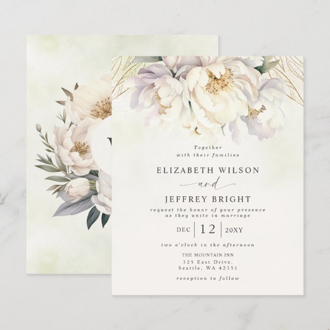 Budget Greenery White Floral Wedding Einladungen (Vorne/Hinten)