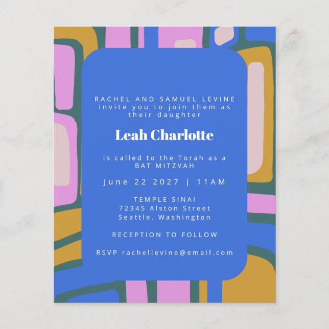 Budget Groovy Abstrakt Blue Bat Mitzvah Einladung (Vorderseite)