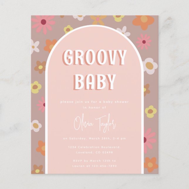 Budget Groovy Retro Girl Baby Dusche Einladung (Vorderseite)