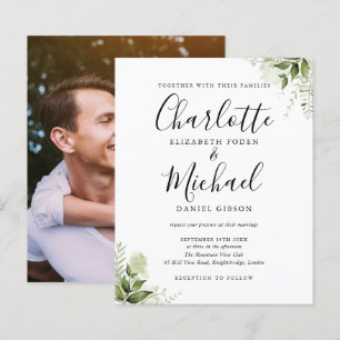 Budget Grün Blätter Schrift Foto Hochzeitseinladun