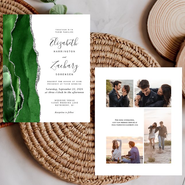 Budget Grün Silber 4-Foto-Hochzeitseinladung (Von Creator hochgeladen)