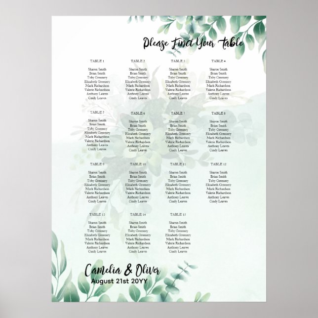 BUDGET Grüne Eukalyptus SITZ CHART Hochzeit Poster (Vorne)