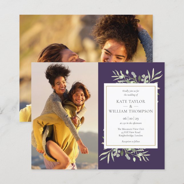 Budget Grüne Lila Foto Hochzeit Einladung (Vorne/Hinten)