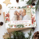 Budget Happy Holidays Weihnachtsgrün Foto<br><div class="desc">Budget Rustikaler Winter Frohe Weihnachtsfamilie oder Business Foto Card mit Holiday Floral Weiße Blume,  Grün und Rote Poinsettia Blume mit einem einfachen Hintergrund.</div>