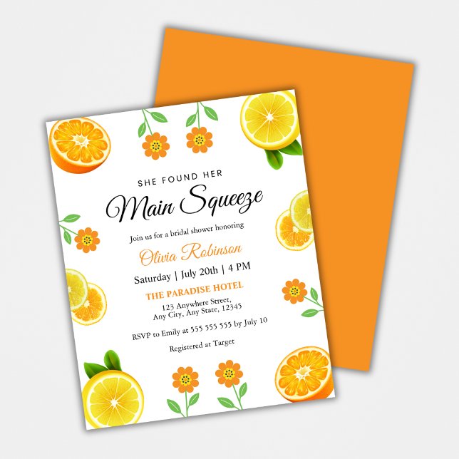 Budget Haupt Squeeze Citrus Brautparty Einladung (Budget Main Squeeze Citrus Summer Lemon Bridal Shower Invitation )