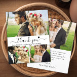 Budget Heart Script Collage Wedding Dankeschön Kar<br><div class="desc">Budget, Minimalistisch Moderne Elegant "Danke" Script 3 Foto Collage Wedding Danke Ihnen personalisiert günstige Low Budget Thin Card. Stilvolle Hochzeit dank Kartenvorlage mit vier Foto auf der Vorderseite und einem Foto auf der Rückseite. ***BEACHTE! *** HAUSHALTSPAPIER/FLYER IST PAPIERTHIN. *** AKTUALISIEREN SIE DAS PAPIER FÜR EIN THICKER-PAPIER. *** Mit dem Text...</div>