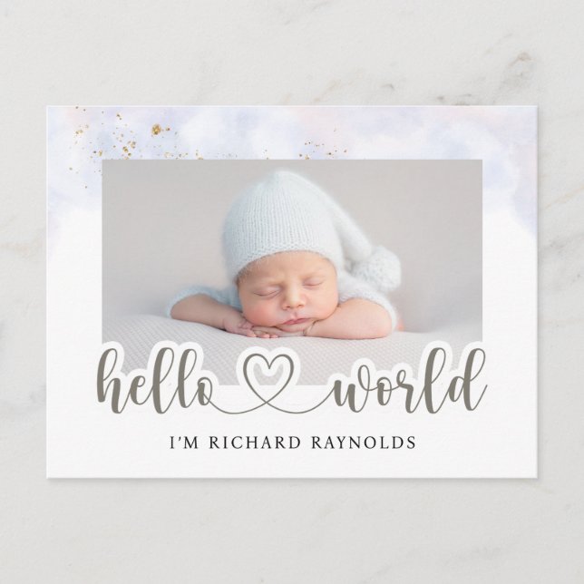 Budget Hello World Baby Boy Announcement Card Postkarte (Vorderseite)