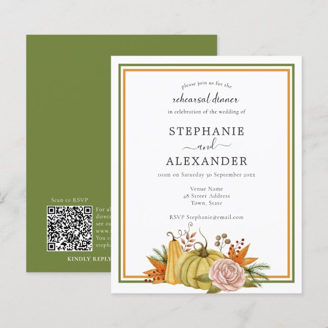 Budget Herbst Pumpkin Hochzeit Probe QR Einladung (Vorne/Hinten)