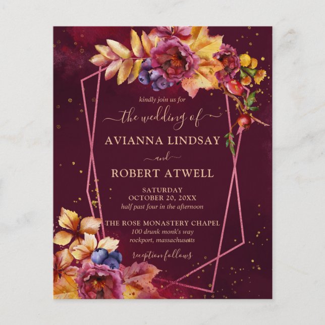 Budget Herbstlaub Blume Burgund Wedding Einladung (Vorderseite)