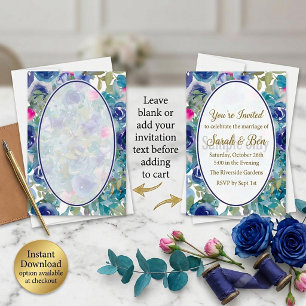 Budget-Hochzeit mit blauem floralem Hintergrund Einladung