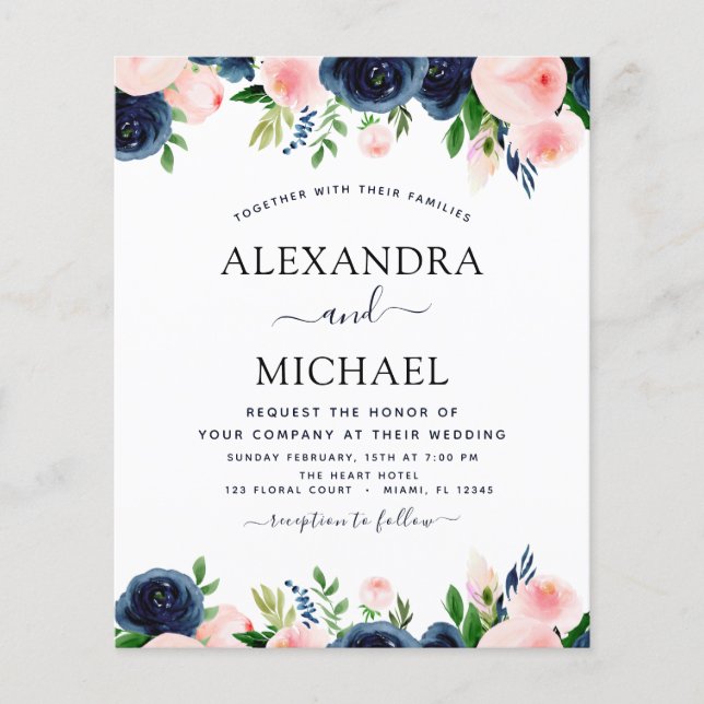 Budget Hochzeit Navy Blush Pink Blues Flyer (Vorne)