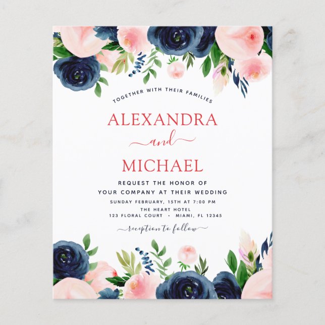 Budget Hochzeit Navy Blush Pink Blues Flyer (Vorne)