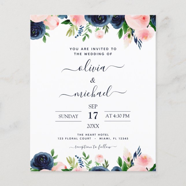 Budget Hochzeit Navy Blush Pink Blues Flyer (Vorne)
