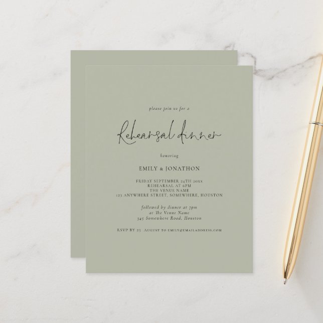 Budget Hochzeit Probe Dinner Light Sage Einladung (Vorderseite/Rückseite Beispiel)