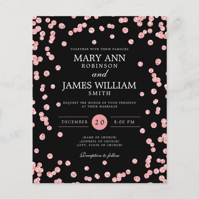 Budget Hochzeit Rose Gold Glitzer Black Einladung (Vorderseite)
