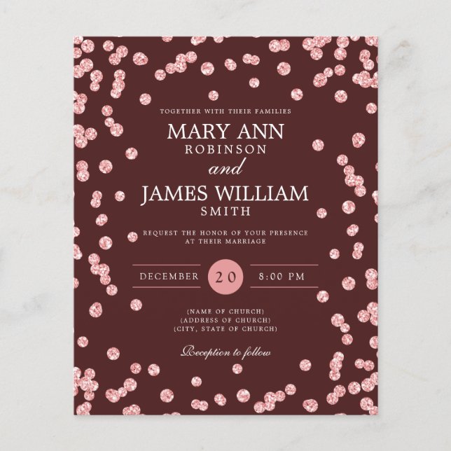 Budget Hochzeit Rose Gold Glitzer Burgundy Einladu (Vorderseite)