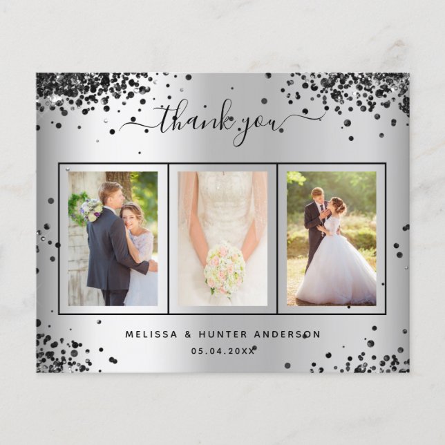 Budget Hochzeit silber schwarz Foto danke Karte (Vorderseite)