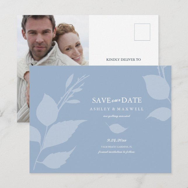 Budget Hochzeit speichern das Datum trostlos blau Ankündigungspostkarte (Vorne/Hinten)