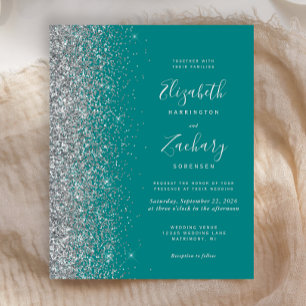 Budget-Hochzeits-Einladungskarte Teal Blau Silber 