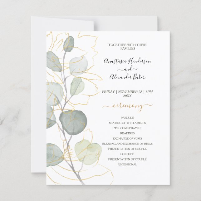 Budget-Hochzeitsprogrammkarte mit Blumenmotiv. (Vorderseite)