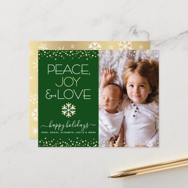 Budget Holiday Gold Green Foto Peace Liebe Card (Vorderseite/Rückseite Beispiel)