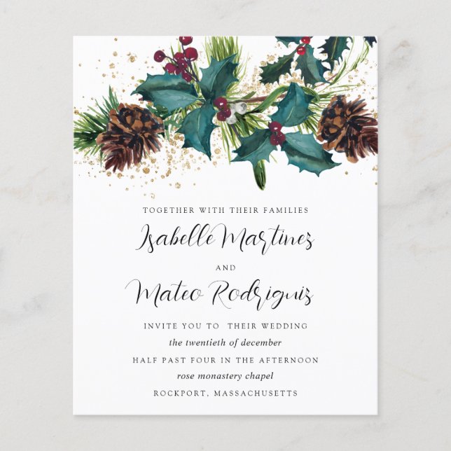 Budget Holly Berries Winter Wedding Einladung (Vorderseite)