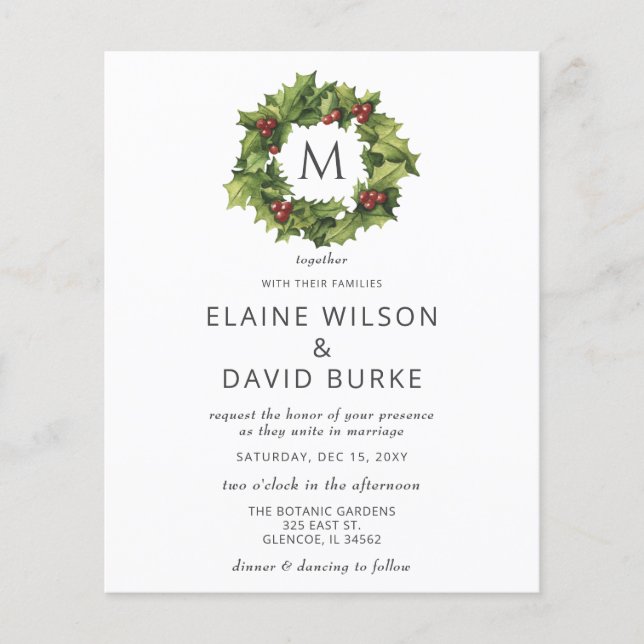 Budget Holly Berries Wreath Wedding Einladung (Vorderseite)