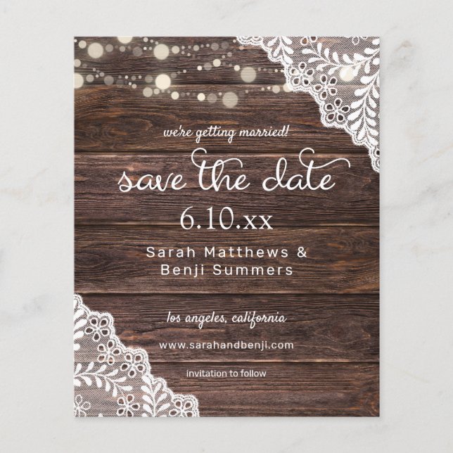 Budget Holz, Lace & Lights Save the Date V2 Foto Flyer (Vorne)