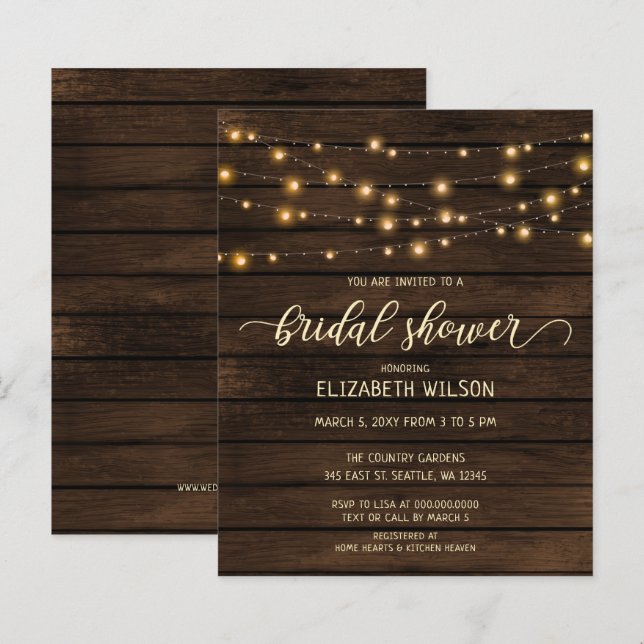 Budget Holz String Lichter Bridal Dusche Einladung (Vorne/Hinten)