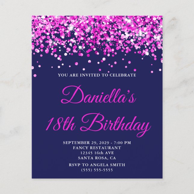 Budget Hot Pink Glitter Navy 18th Birthday Invite (Vorderseite)