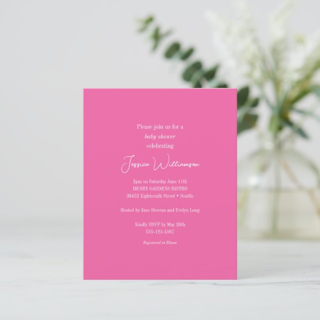Budget Hot Pink Minimalistisch Baby Dusche Einladu (Stehend Vorderseite)