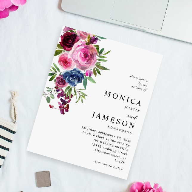 Budget Hot Pink & Navy Blue Floral Wedding 3 Flyer (Von Creator hochgeladen)