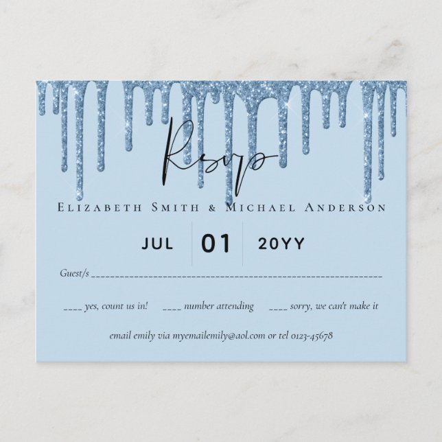 Budget Hübsch Girl BLAUE Glitzer Wedding RSVP Postkarte (Vorderseite)
