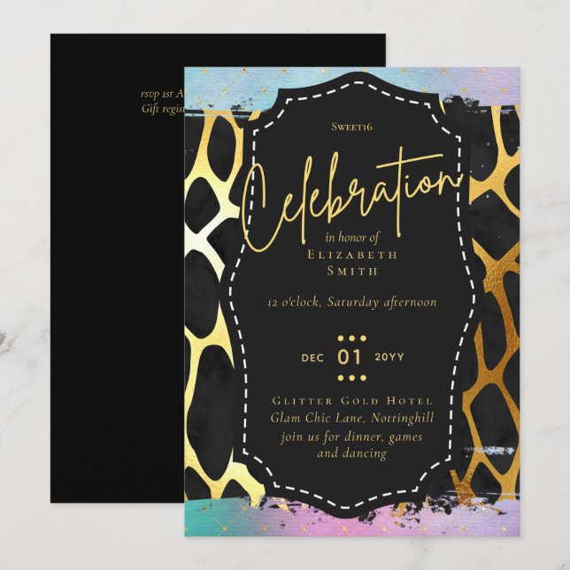 Budget Hübsch Girly Sweet16 Gold Animal Print Inv Einladung (Vorne/Hinten)
