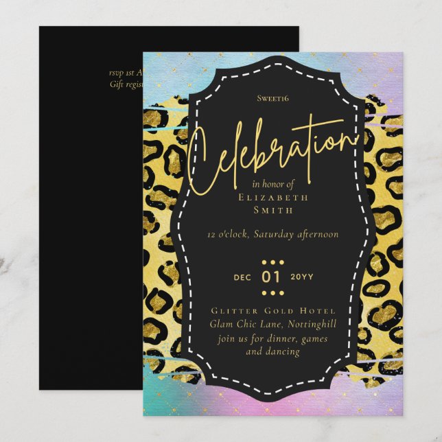 Budget Hübsch Girly Sweet16 Gold Animal Print Inv Einladung (Vorne/Hinten)