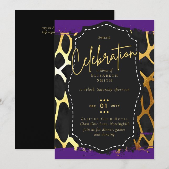Budget Hübsch Girly Sweet16 Gold Animal Print Inv Einladung (Vorne/Hinten)