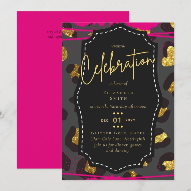 Budget Hübsch Girly Sweet16 Gold Animal Print Inv Einladung (Vorne/Hinten)