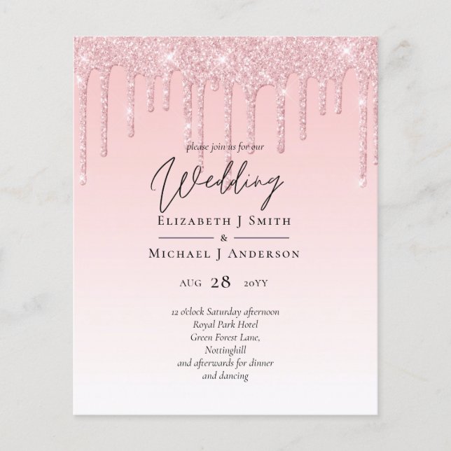 Budget Hübsche Girly Wedding Glitzer Rosa Einladun (Vorderseite)