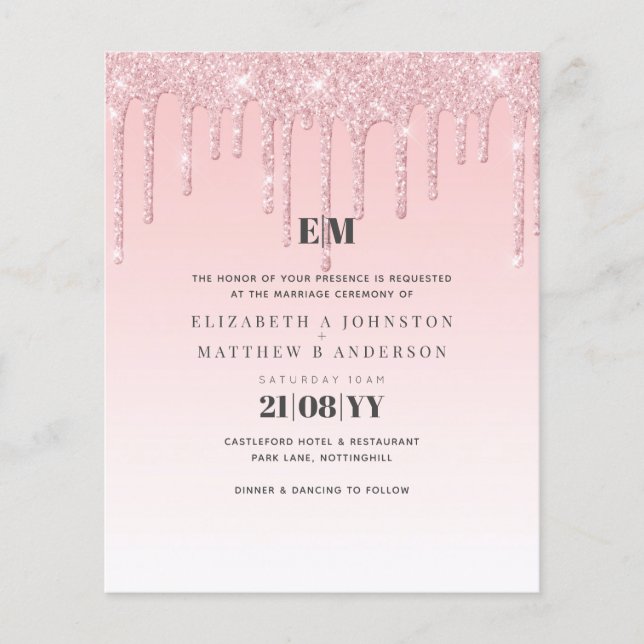 Budget Hübsche Girly Wedding Glitzer Rosa Einladun (Vorderseite)