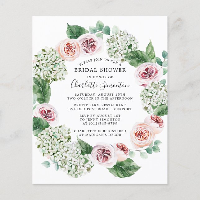 Budget Hydrangea Rose Bridal Dusche Einladung (Vorderseite)