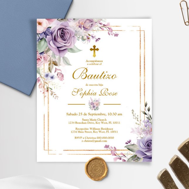 Budget Invitación de Rosas Moradas para Bautizo (Von Creator hochgeladen)