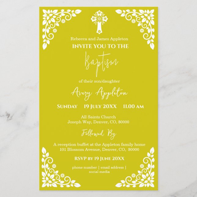 Budget Invitation Floral Cross Baptism Yellow Flyer (Vorne)