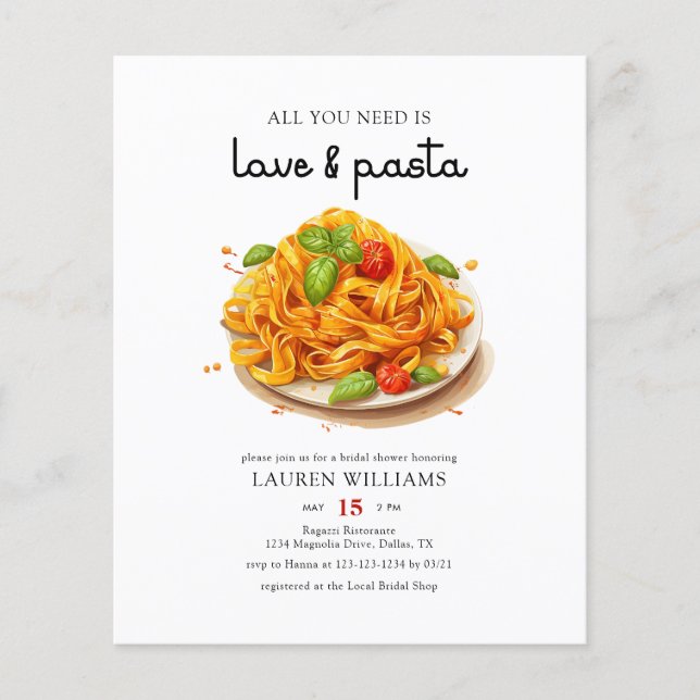 Budget Italienische Liebe & Pasta Brautparty Einla Flyer (Vorne)