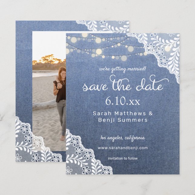 Budget Jean, Lace & Lights Save the Date V2 Foto (Vorne/Hinten)
