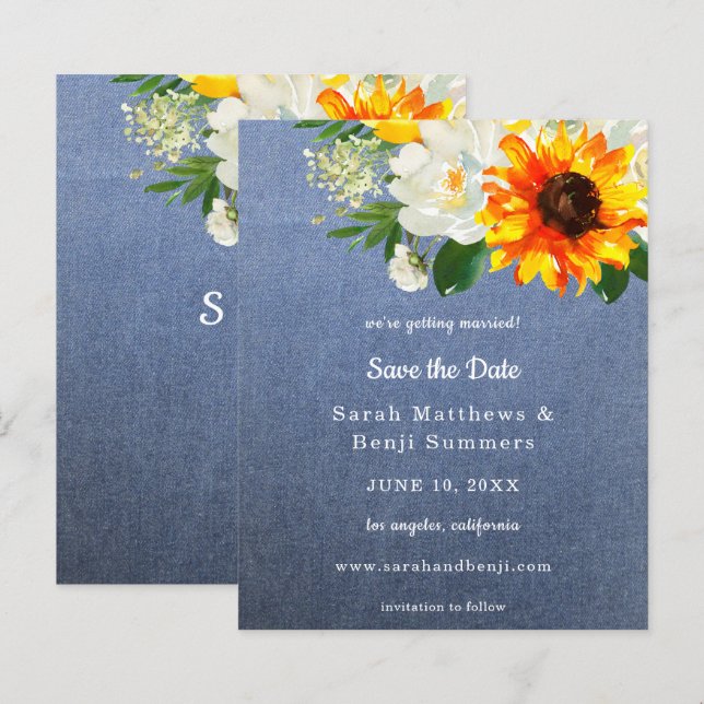 Budget Jean Sunflower & White Floral Save the Date (Vorne/Hinten)