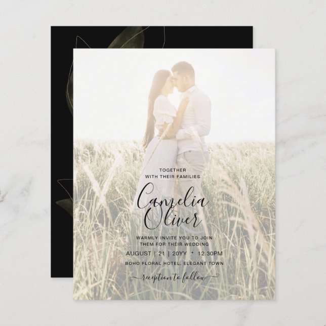 BUDGET Jet Black Gold Feuilles mariage INVITE (Devant / Derrière)