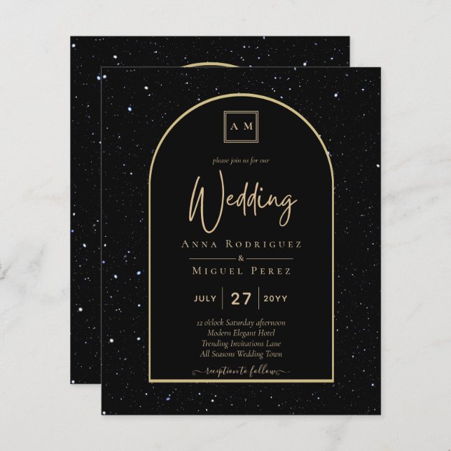 BUDGET Jet BLACK GOLD Starry Night Wedding INVITE (Vorne/Hinten)