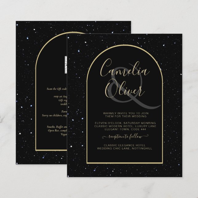 BUDGET Jet BLACK GOLD Starry Night Wedding INVITE (Vorne/Hinten)
