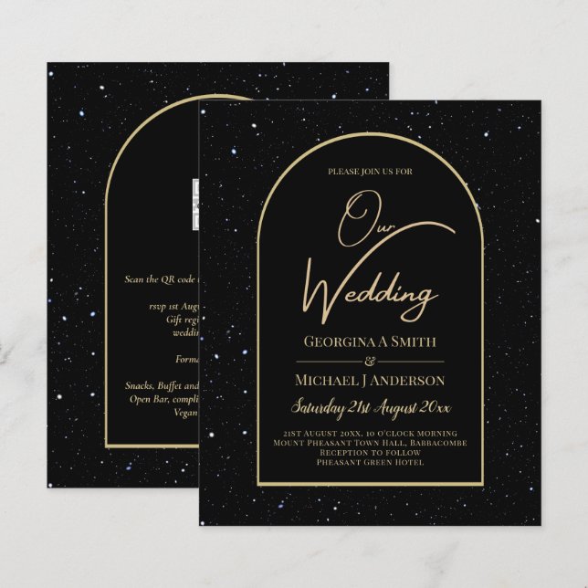 BUDGET Jet BLACK GOLD Starry Night Wedding INVITE (Vorne/Hinten)