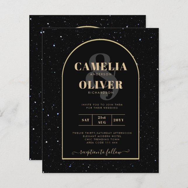 BUDGET Jet BLACK GOLD Starry Night Wedding INVITE (Vorne/Hinten)